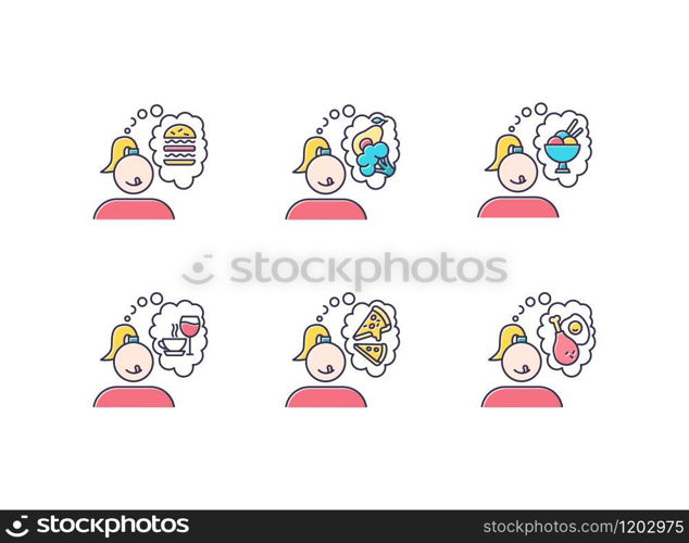 Food craving color icons set. Woman thinking of unhealthy snack. Delicious treat. Thoughts of fast food. Burger and pizza. Ice cream. Appetite and hunger. Isolated vector illustrations