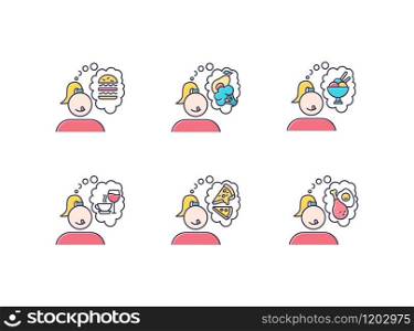Food craving color icons set. Woman thinking of unhealthy snack. Delicious treat. Thoughts of fast food. Burger and pizza. Ice cream. Appetite and hunger. Isolated vector illustrations