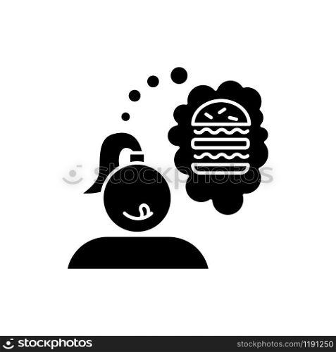 Food craving glyph icon. Girl thinking of burger. Thought of sandwich. Fast food snack. Appetite, temptation. Cheeseburger, hamburger. Silhouette symbol. Negative space. Vector isolated illustration