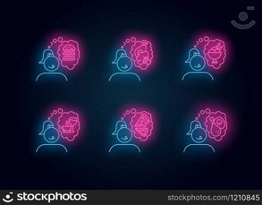 Food craving neon light icons set. Woman thinking of unhealthy snack. Delicious treat. Thoughts of fast food. Burger and pizza. Ice cream. Appetite. Glowing signs. Vector isolated illustrations