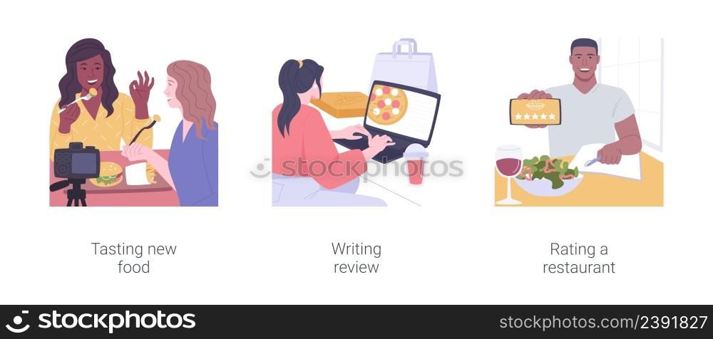 Food critic isolated cartoon vector illustrations set. Tasting new dish, restaurant critic reviewing food and drinks using laptop, food blogger rating cafe with stars, social media vector cartoon.. Food critic isolated cartoon vector illustrations set.