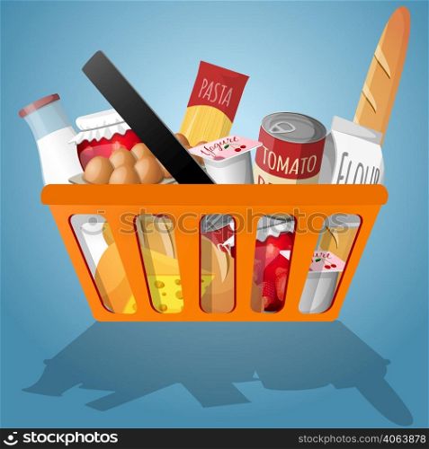 Food decorative elements collection in shopping basket vector illustration