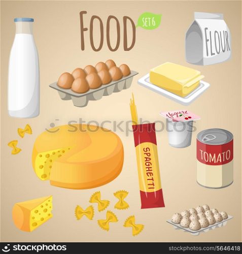 Food decorative elements collection of milk bottle egg box flour pack isolated vector illustration