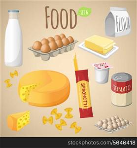 Food decorative elements collection of milk bottle egg box flour pack isolated vector illustration