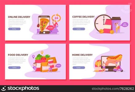 Food delivery 4x1 set of horizontal banners with images of electronic gadgets fastfood images and text vector illustration