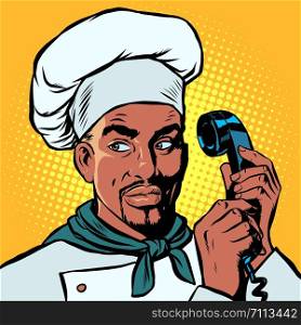 Food delivery. African Chef takes orders by phone. Pop art retro vector illustration drawing. Food delivery. African Chef takes orders by phone