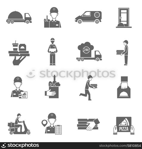 Food delivery and courier 24 hours black white flat icons set isolated vector illustration . Food delivery courier black icons set