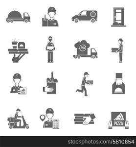 Food delivery and courier 24 hours black white flat icons set isolated vector illustration . Food delivery courier black icons set