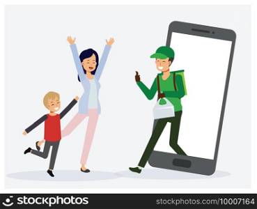 Food delivery app service concept ,Adult woman and young little boy are happy due to food delivery is reached home, Food delivery man is sending food to customer.