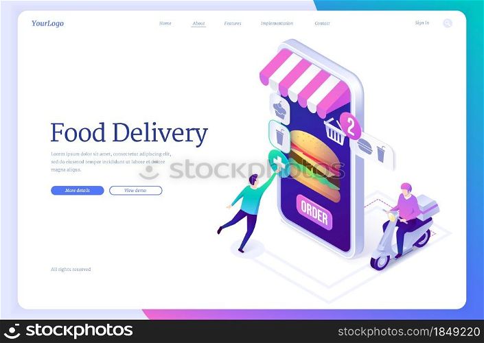 Food delivery banner. Online service for order from restaurant or store with fast shipping. Vector landing page with isometric illustration of smartphone with burger on screen and courier on scooter. Online food delivery service banner