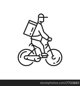 Food delivery bike isolated flat line art icon. Vector bicycle courier in cap and backpack package product box. Delivery staff, driver biker man. Shipping services and fast online order, linear sign. Online food delivery, courier on bicycle in cap