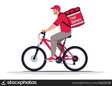 Food delivery biker semi flat RGB color vector illustration. Cafe order shipping worker on bike. Caucasian male courier in red uniform isolated cartoon character on white background. Food delivery biker semi flat RGB color vector illustration