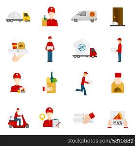 Food delivery by courier with truck minibus or scooter flat icons set isolated vector illustration . Food delivery icons set