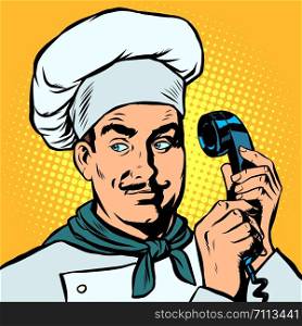 Food delivery. Chef takes orders by phone. Pop art retro vector illustration drawing. Food delivery. Chef takes orders by phone
