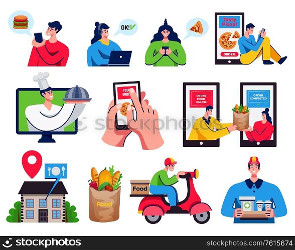 Food delivery colored icons set with people ordering pizza with smartphone and courier delivering food on motorcycle vector illustration