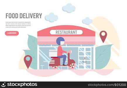 Food delivery concept with character,A man with scooter in front of the restaurant.Creative flat design for web banner