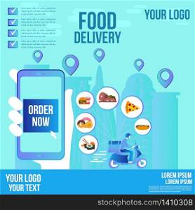 Food delivery design by scooter on a smartphone app order now tracking a delivery man with a ready meal.E-commerce, technology and logistics concept.