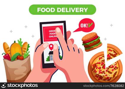 Food delivery design concept with people hands holding smartphone with app for ordering goods flat vector illustration