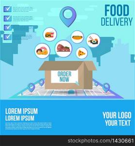 Food delivery design order on a map tracking with a ready meal.This design can be used for websites, landing pages.Internet shipping web banner with modern city.