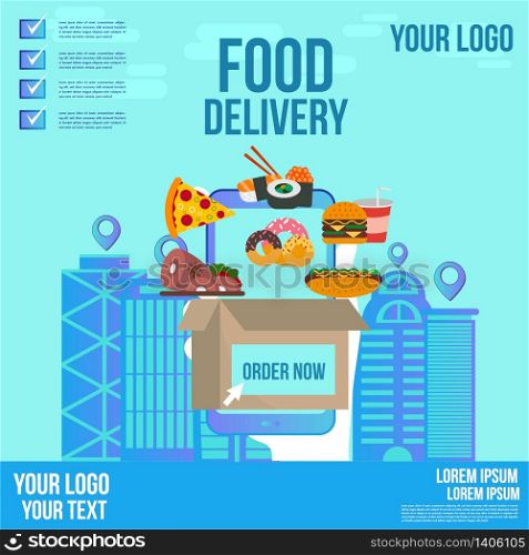 Food delivery design order on a smartphone app tracking with a ready meal.This design can be used for websites, landing pages.Internet shipping web banner with modern city.