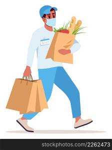Food delivery during covid lockdown semi flat RGB color vector illustration. Preventative measures. Courier with packages wearing face mask isolated cartoon character on white background. Food delivery during covid lockdown semi flat RGB color vector illustration