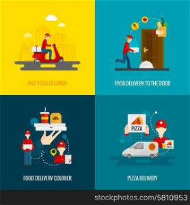 Food delivery fast to the door and by courier flat icons set isolated vector illustration . Food delivery concept icons set