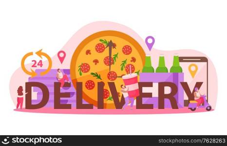 Food delivery flat composition with text and pizza clock with location signs package boxes and people vector illustration