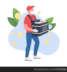 Food delivery flat concept vector illustration. Restaurant courier with bag that keeps food warm 2D cartoon character for web design. Covid safe dish ordering in online application creative idea. Food delivery flat concept vector illustration