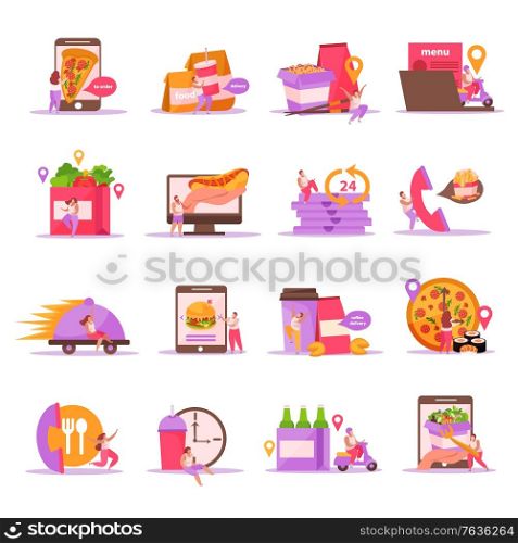 Food delivery flat icons set with isolated images of fastfood meal with packages and courier characters vector illustration