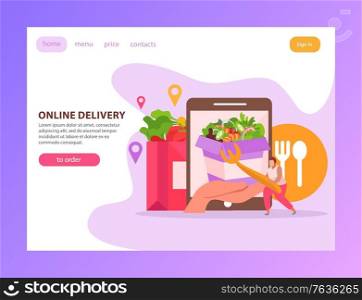 Food delivery flat landing page with text clickable links buttons and images of gadget and fastfood vector illustration