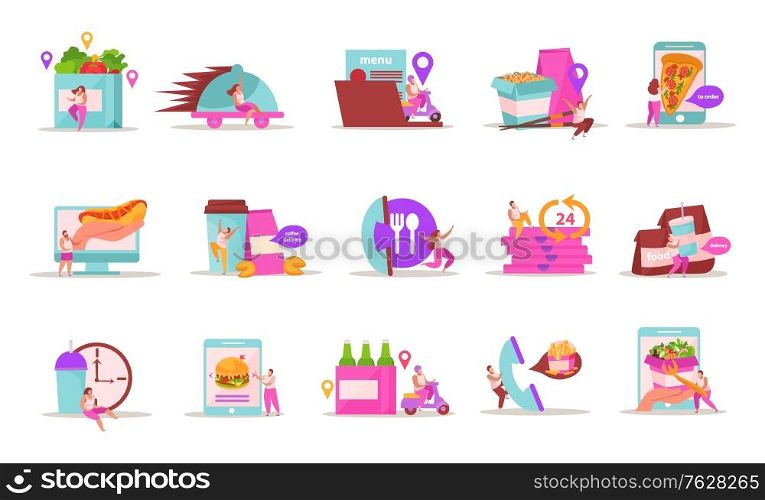 Food delivery flat recolor set of isolated icons pictogram signs and human characters with meal images vector illustration