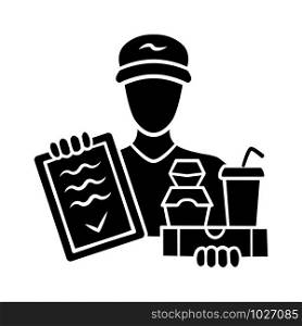Food delivery glyph icon. Express courier service. Deliveryman holding takeaway fast food and invoice. Restaurant, cafe order delivering. Silhouette symbol. Negative space Vector isolated illustration