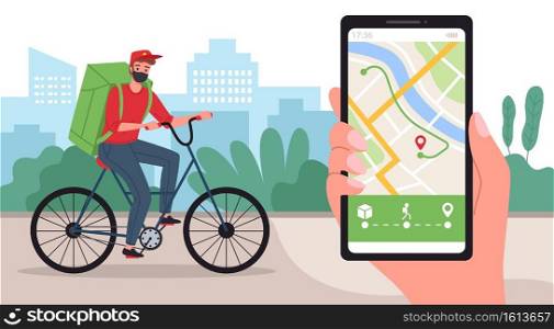 Food delivery guy. Man in medical mask with backpack on bicycle, courier on eco transport, fast service, hand with map smartphone. Boy shipping parcel on city landscape vector flat cartoon concept. Food delivery guy. Man in medical mask with backpack on bicycle, courier on eco transport, fast service, hand with map smartphone. Boy shipping parcel on city landscape vector concept