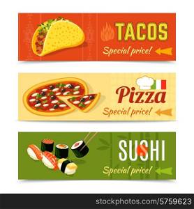 Food delivery horizontal banner set with tacos pizza sushi isolated vector illustration. Food Banners Set