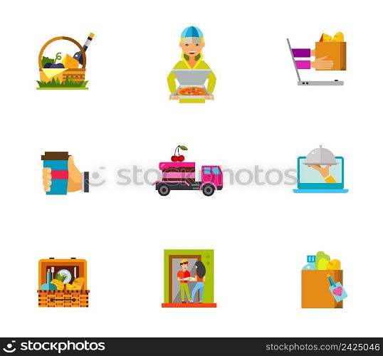 Food delivery icon set. Basket With Wine And Cheese Pizza Delivery Ordering Food Online Hand Holding Disposable Cup Cake Delivery By Truck Picnic Basket Food Donate Carton Bag