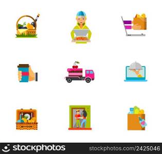 Food delivery icon set. Basket With Wine And Cheese Pizza Delivery Ordering Food Online Hand Holding Disposable Cup Cake Delivery By Truck Picnic Basket Food Donate Carton Bag