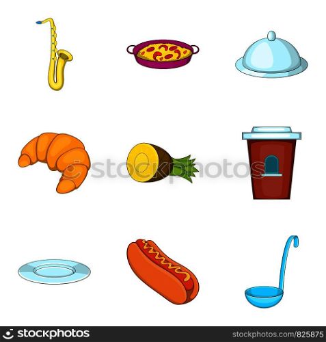 Food delivery icons set. Cartoon set of 9 food delivery vector icons for web isolated on white background. Food delivery icons set, cartoon style