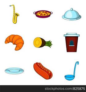 Food delivery icons set. Cartoon set of 9 food delivery vector icons for web isolated on white background. Food delivery icons set, cartoon style