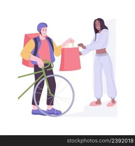 Food delivery isolated cartoon vector illustrations. Smiling girl receiving her online products order from courier, takeaway lunch, food delivery process, urban lifestyle vector cartoon.. Food delivery isolated cartoon vector illustrations.
