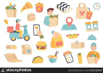 Food delivery isolated objects set. Col≤ction of courier, customer with grocery bag,πzza, hambur≥r, sushi, coffee, mobi≤app and tracking. Vector illustration of design e≤ments in flat cartoon