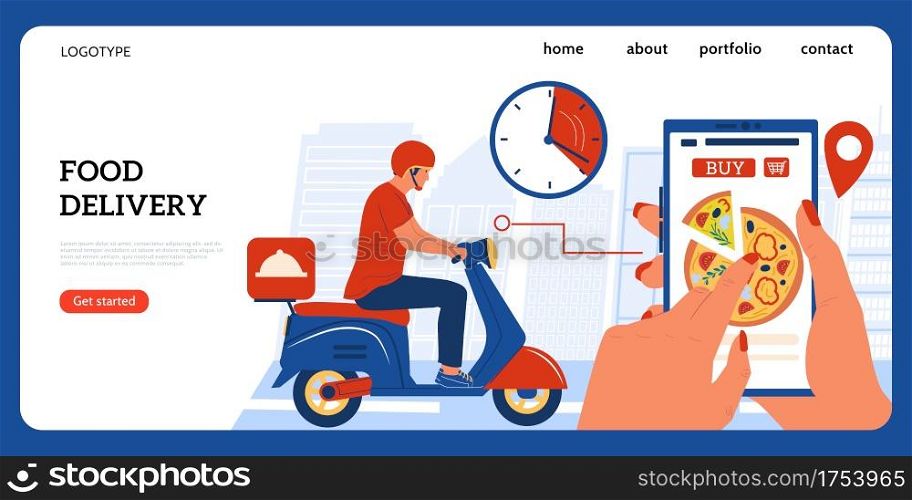 Food delivery landing page. People order food using mobile application. Courier drives scooter and takes purchases to customers. Vector website interface design template for grocery shop or restaurant. Food delivery landing page. People order food using mobile application. Courier drives scooter and takes purchases to customers. Vector website interface template for grocery or restaurant