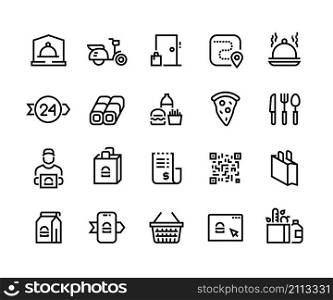 Food delivery line icons. Outline restaurant cafe and supermarket food order and delivery pictograms. Vector editable line stroke set icons delivered retail. Food delivery line icons. Outline restaurant cafe and supermarket food order and delivery pictograms. Vector editable line stroke set