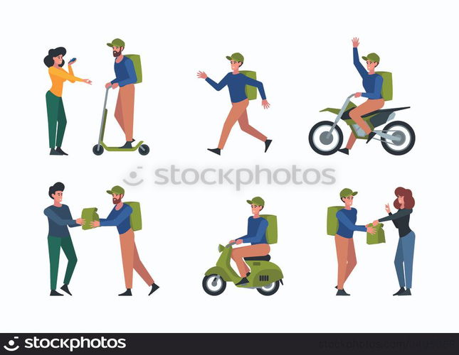 Food delivery. Logistic service for urban delivery food on bike ship different transport garish vector illustrations in flat style isolated. Illustration of urban delivery bike, food express courier. Food delivery. Logistic service for urban delivery food on bike ship different transport garish vector illustrations in flat style isolated