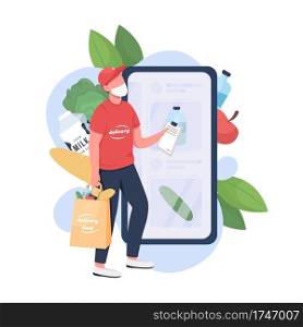 Food delivery man flat concept vector illustration. Courier with full bags fool of food 2D cartoon character for web design. Order store products remotely during covid creative idea. Food delivery man flat concept vector illustration