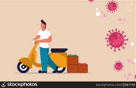 Food delivery on bike courier coronavirus. Motorcycle express good order vector quarantine vector illustration. Service shopping product concept pandemic. Virus isolation people and business logistic