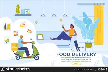 Food Delivery Online Service Advertising Banner. Woman Using Mobile Phone for Ordering Dinner to Home. Fresh, Healthy and Junk Meal, Hot, Alcoholic and Dairy Drinks Assortment. Vector Illustration