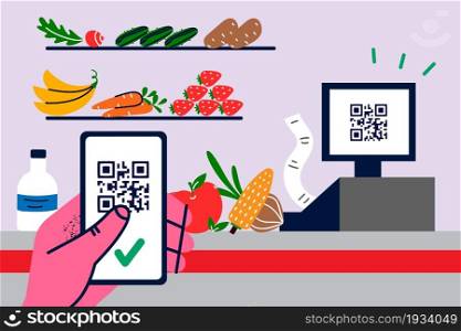 Food delivery online service concept. Human hand holding smartphone with qr code of online payment for fresh food delivery vector illustration . Food delivery online service concept.