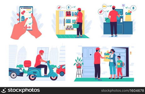 Food delivery. Products order service, mobile application. Cartoon courier buying goods in supermarket with shopping list, driving motorbike and transferring purchases to customer. Vector isolated set. Food delivery. Products order service, mobile application. Courier buying goods in supermarket with shopping list, driving motorbike and transferring purchases to customer, vector set