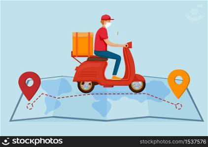Food delivery quarantine illustration. Restaurant courier in mask with bag of ordered menu quickly delivers online order on red scooter, map icons of customers vector location.. Food delivery quarantine illustration. Restaurant courier in mask with bag.