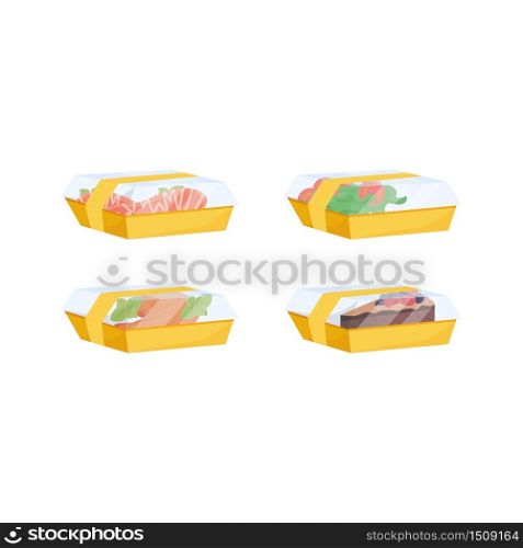 Food delivery, ready-to-eat meals in lunch boxes flat color vector objects set. Packed nutrition, restaurant eating. Food ordering service 2D isolated cartoon illustrations on white background